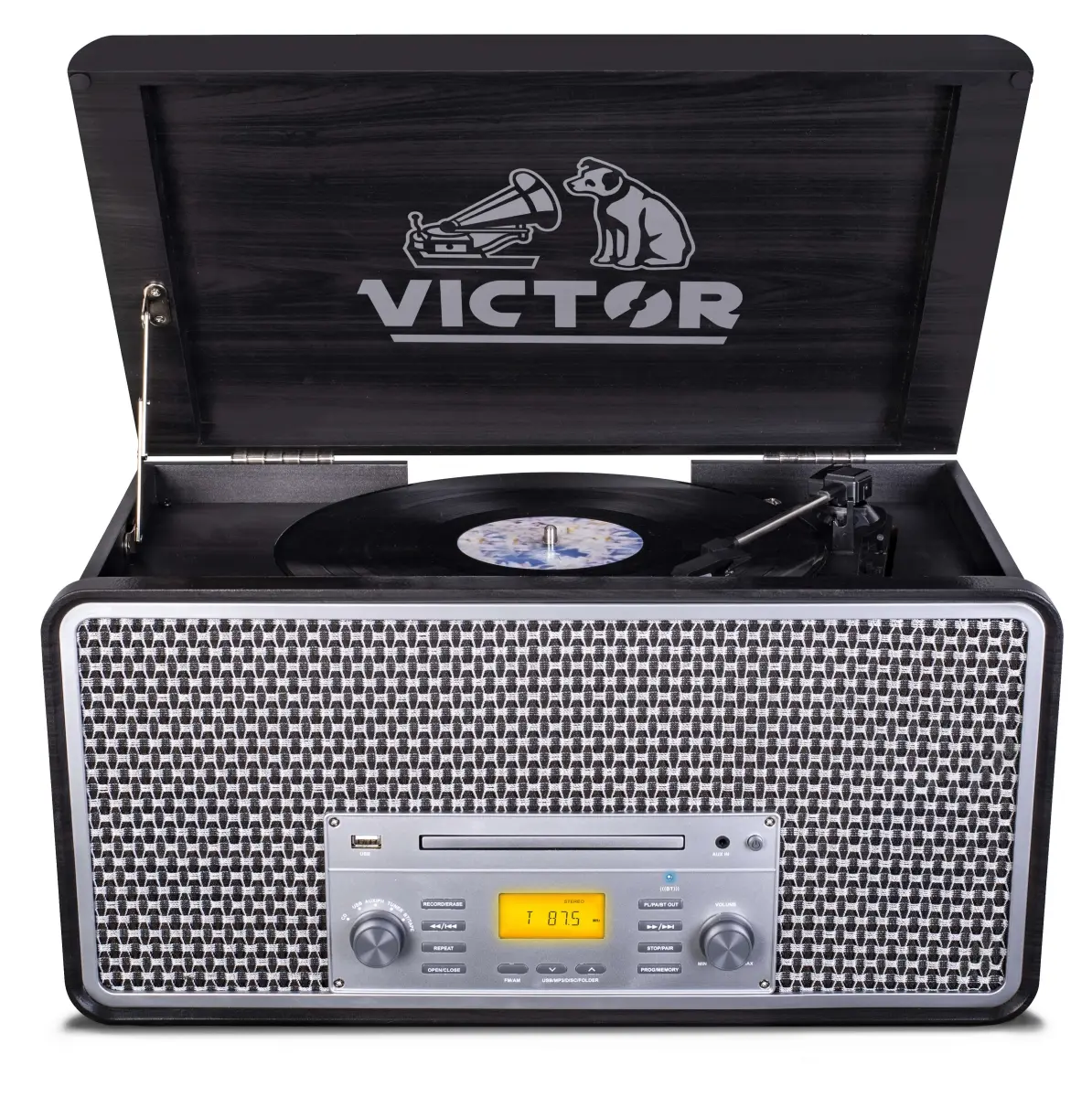 Victor Audio VWRP-5000-GR-VIC Victor Monument 8-in-1 Wood Music Center with 3-Speed Turntable & Dual Bluetooth (Graphite)