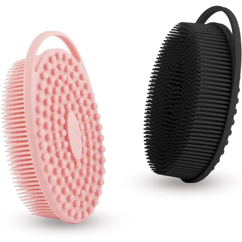 Soft Silicone Body Scrubber 2 PCS Silicone Body Shower, Silicone Loofah 2 in 1 Bath and Shampoo Brush, Body Scrubber Shower Cleaning Exfoliating Use for Sensitive Skin, Lather Well(Black and Pink)