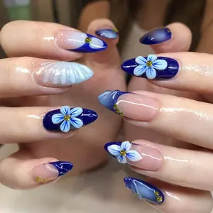 24pcs Medium Almond Shape Wine Blue French Press-On Nails, 3D Gel Floral Pattern Gold Powder Design, Glossy Finish, Women's Fashion Nail Art