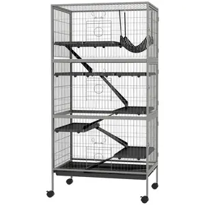 63" H Rolling Small Animal Cage with Hammock, 6 Doors & Removable Tray - Ferret/Chinchilla Habitat for Indoor Living Room or Play Area