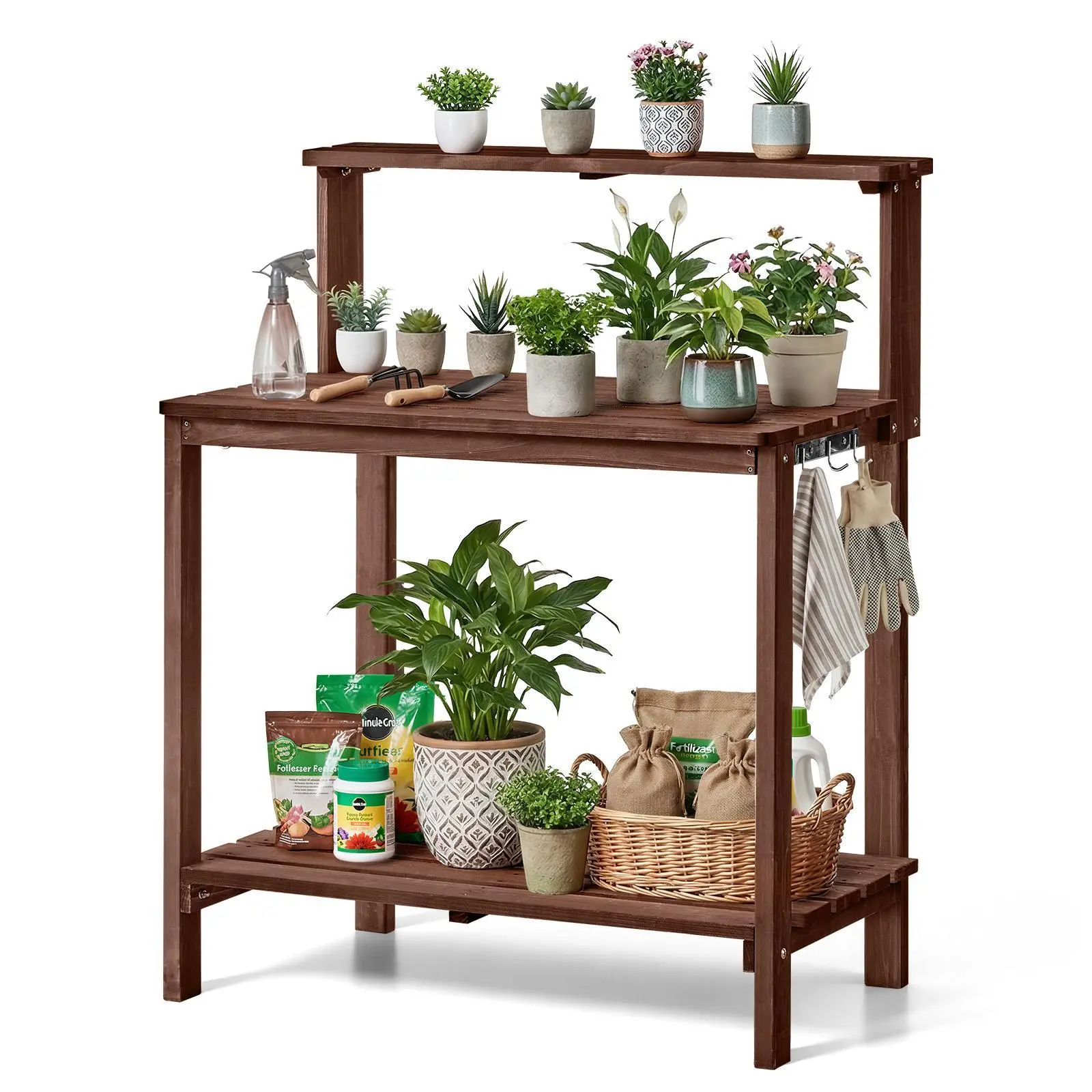 VEVOR Sturdy Rectangular Solid Wood Potting Bench Stand, 35.83in L x 19.49in W Rot-Resistant Damp-Proof Coat Tabletop, 3-Layer Outdoor Gardening Workstation with Storage Shelves & Hook, Patio BBQ Prep Organizer, Brown#BacktoSchool