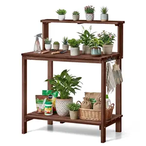 【DealsForYouDays】VEVOR Potting Bench Table, Outdoor Gardening Workstation with 36 x 20 in Wood Tabletop, Garden Planting Work Station with Storage Shelves, Hook for Outside Patio, Backyard, Brown