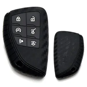 iJDMTOY Black Twill Weave Carbon Fiber Pattern Soft Silicone Key Fob Cover For 2021-up Chevrolet Suburban/Tahoe, GMC Yukon 6-Button Smart Key
