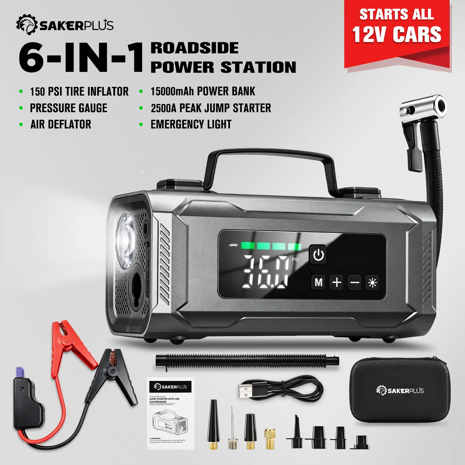 SAKERPLUS 2500A Car Jump Starter with 150 PSI Air Compressor, 6-in-1 Portable Battery Jump Starter Box (Up to 8.0L Gas/6.0L Diesel), 15000mAh Power Bank, 350L/min Inflator/Deflator & 200LM Light