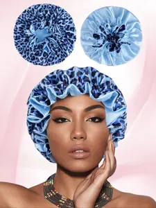 Blue Leopard Print Lace Sleep Cap, Trendy Cute Novelty Hat, Soft Comfortable Material, Daily Sleep, Bathing Beauty, Holiday Gift, Sleeping Cap, Bonnets for sleeping