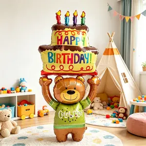 Cartoon Bear Cake Balloon Aluminum Foil, 4 Styles Available, Perfect for Birthday Parties, Kids' Room Decor, Festival Decoration
