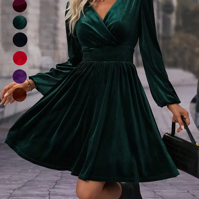 Velvet V Neck Long Sleeve Waist Cinching Solid Color Party Dress, Spring Festival Perfect Choice, Fitted Versatile Elegant Short Skirt, Elegance