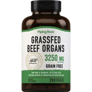 Piping Rock Grass Fed Beef Organs | 3250 mg | 200 Capsules | Liver, Kidney, Pancreas, Heart, Spleen Supplement | Non-GMO, Gluten Free
