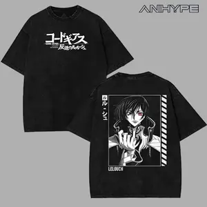 Code Geass Oversized T-Shirt for Men - Classic Washed Cotton Top with Smooth Print, Heavyweight Streetwear Fabric for Casual Comfort and Anime Style