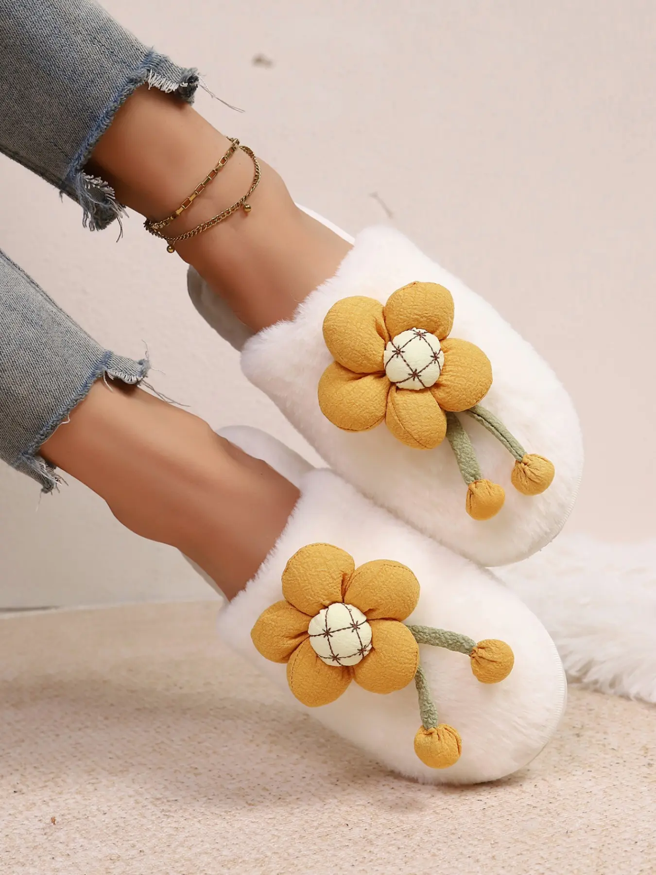 New Cute Sunflower Plush Slippers for Women, Home Half Slipper with Head Cover, Soft Non-Slip Indoor Cotton Slippers