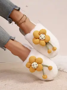 New Cute Sunflower Plush Slippers for Women, Home Half Slipper with Head Cover, Soft Non-Slip Indoor Cotton Slippers
