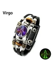 Glow-in-the-Dark Leather Zodiac Bracelet 12 Constellation Horoscope Jewelry for Men Women Premium Genuine Leather Adjustable Strap Vintage Wrap Design Ideal Gift for Astrology Lovers Exquisite Bracelet Adjustable Slider Bracelets Glowing Bracelets