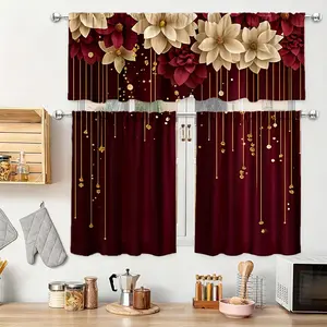 Kitchen  in Deep Red Floral Design with Golden Bead Accents, Perfect for Rod Pocket Hanging. Ideal for Home Decor, Art Prints, Available in Multiple Sizes Excluding Rod. Tier & Valance Set. Foldable Colorful Divider Room Curtain living Leaf Transparent