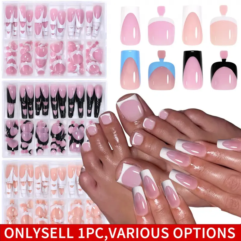 144pcs French hand and foot wear nail set Nail Art Supplies summer short square shiny false toenail acrylic full coverage suitable for nail salon Fake Nails Nail Art Products
