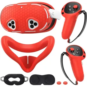 Cover Set Compatible with /Oculus Quest 3s Accessories, VR   Cover, VR Shell Cover, Controller Grip Case,Camera Lens Protector Set (Red)