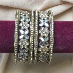 Set of 6 Pcs Oxidized Silver Mirror Bangles Set with Floral Design Bangles Kangan Bangle Set Indian & Pakistani Jewelry
