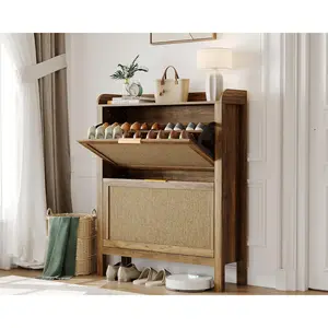 Farmhouse Rattan Shoe Cabinet 32 Inch Narrow Shoe Storage, Freestanding Entryway Organizer with 2 Flip-Down Drawers and Adjustable Shelves, Brown