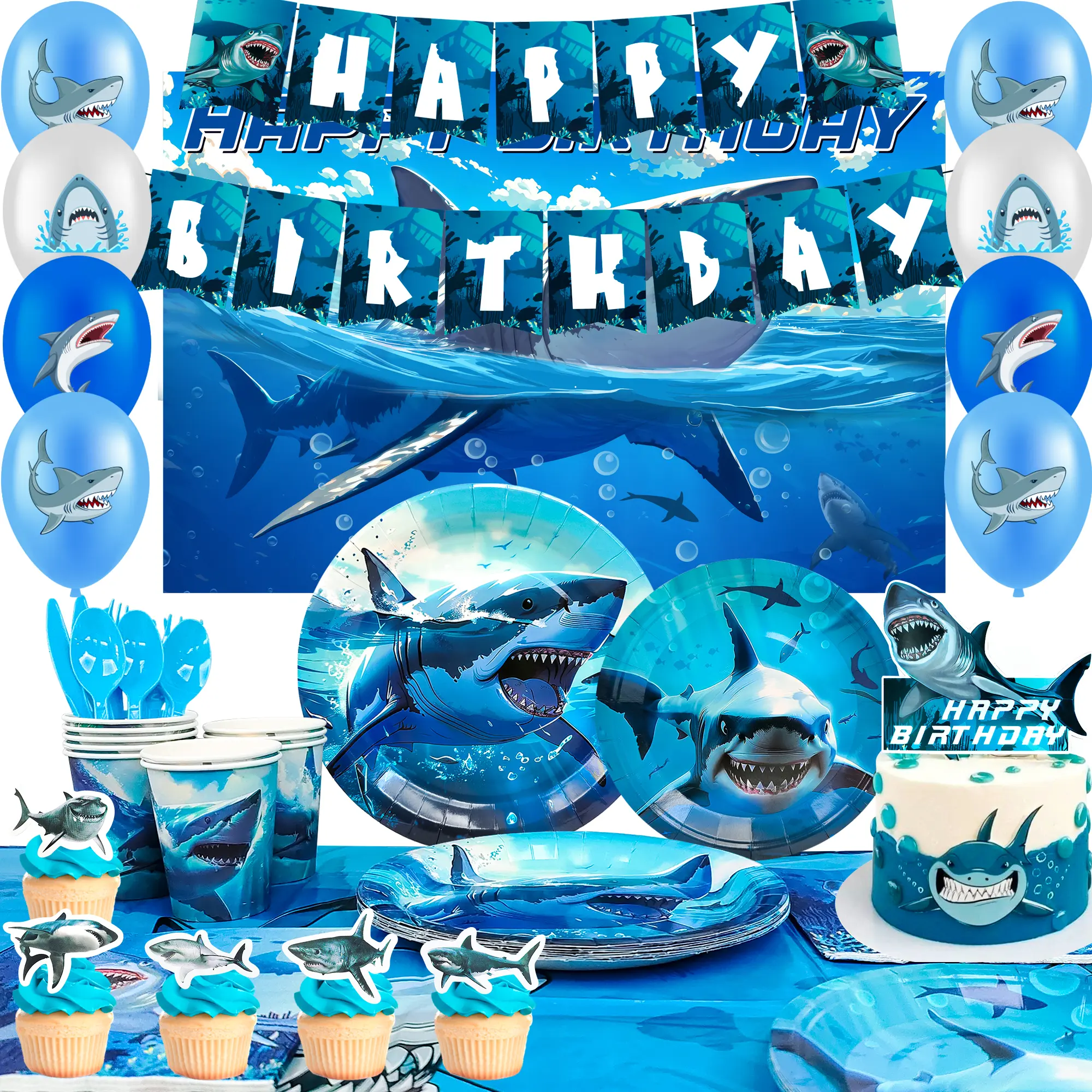 Shark Birthday Party Decorations, 10 Guests Shark Party Tableware Set Shark Plates Napkins Tablecloths Shark Balloons Banner Shark Cake Toppers etc Shark Party Supplies