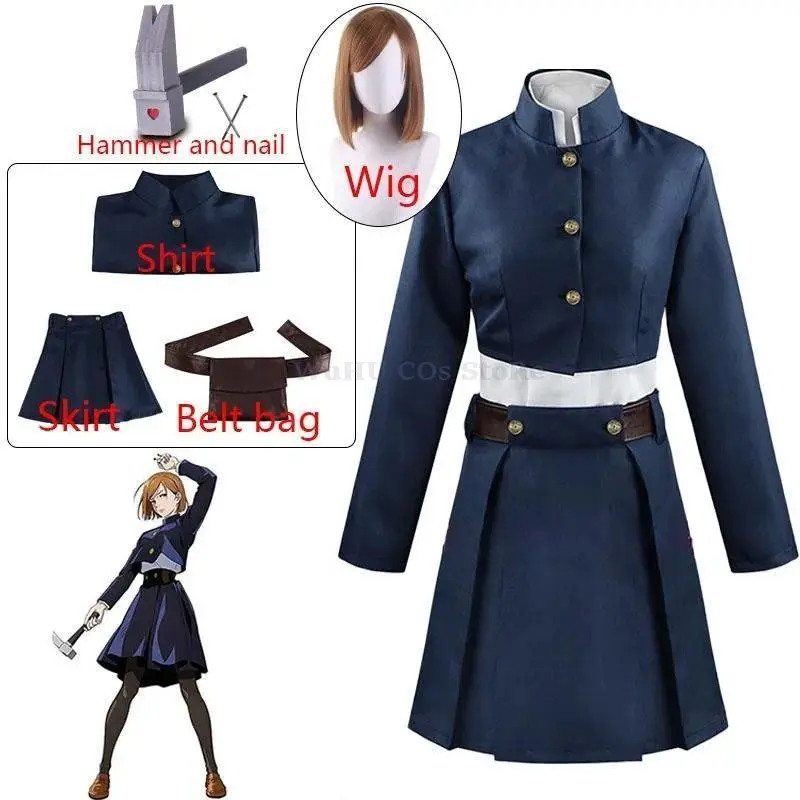 Anime JJK Kugisaki Nobara Cosplay Costume Kugisaki Nobara Wig Hammer Women Suit Outfit Uniform Bag Belt Hallowen Suit