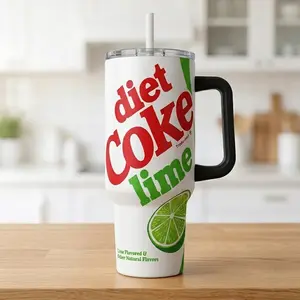 Vintage Diet Coke Lime 40oz Insulated Tumbler With Handle & Straw, Refreshing Natural Lemon Scent, Sugar-free Diet Soft Drinkware, Feminine Travel Insulated Stainless Steel Mug, Fashionable Gift For People With Diabetes, People Who Want To Lose Weight