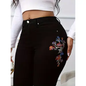 1pc Of Embroidered Floral And Plant Pattern High Waisted, Hip Lifting, Tight Fitting, Elastic Plain Fabric Pants