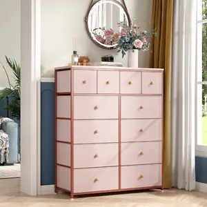 【New Size】RaybeeFurniture 12 Tall Pink Dresser for Bedroom, Modern Fabric Storage Tower, Multi-Functional Chest of Drawers for Bedroom, Living Room, Hallway, Closet, Space-Saving Organizer for Small Spaces, Apartment, Dorm Room Furniture