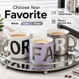 Viral Letter Print Ceramic Coffee Mug - Modern Aesthetic Cup with Metallic Ball Handle, 3 Chic Finishes (White/Lilac/Silver), Stylish for Desk & Home Decor, Perfect Everyday Gift Drinkware Tumbler Washable Reusable Reuse Printed Washable Tumbler