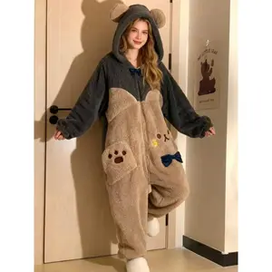 Women’s cute cartoon bear hooded jumpsuit pajamas, fitted long-sleeve winter role-play sleepwear, casual for Christmas parties
