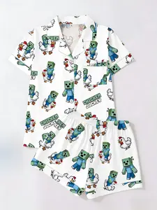 Minecraft Pixel Game Print Short Sleeve Shorts Set, Casual Fitted Women's Sleepwear Home Wear Two-Piece Suit, All Seasons