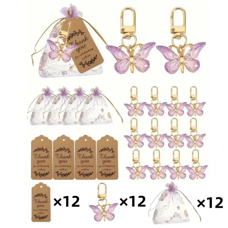 36PCS Butterfly Keychain Gift Set with Cards & Organza Bags, Keychain Decor, Bridal Shower Gift for Gender Reveal, Birthday Party Favors