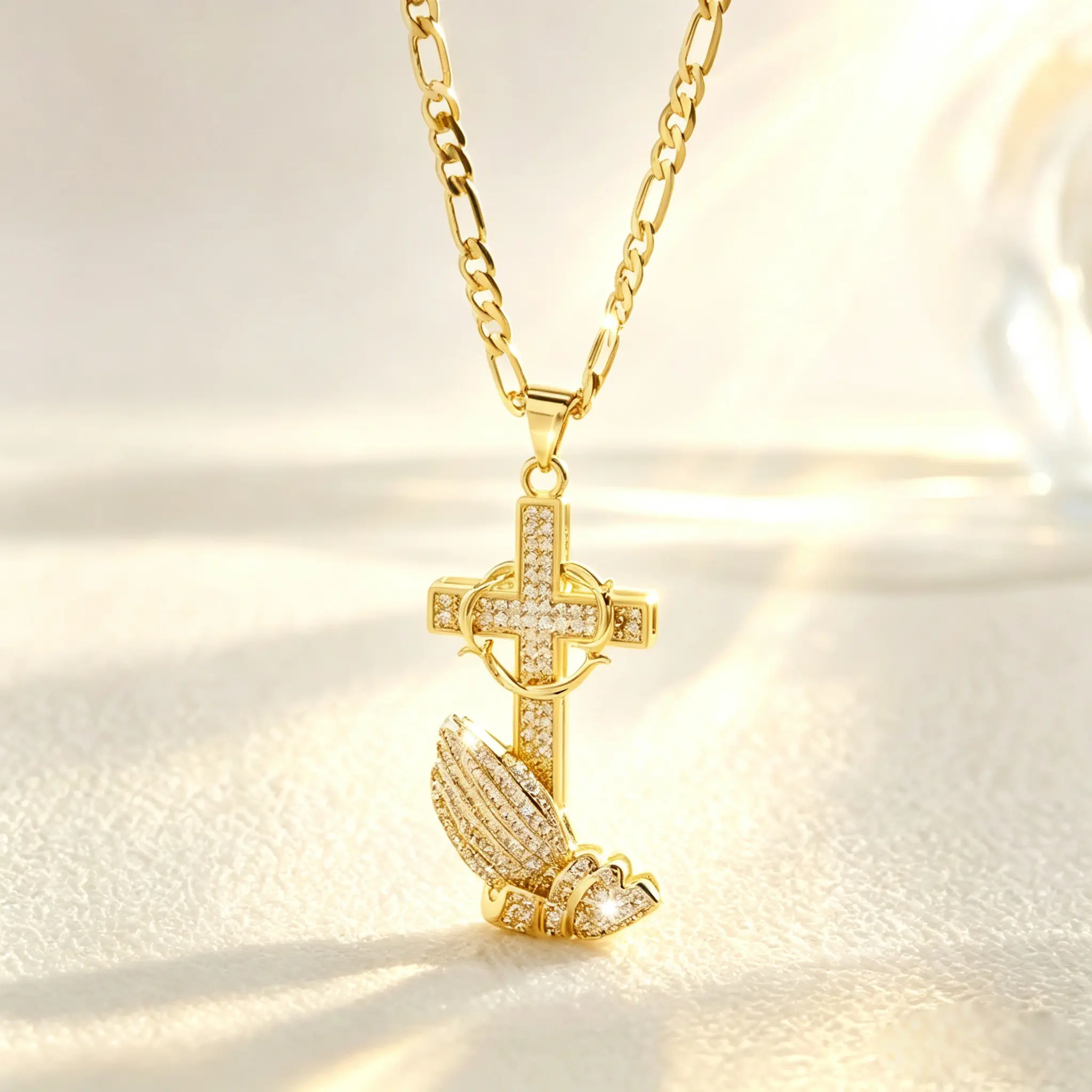 14K Gold Plated Cross & Prayer Hand Pendant Necklace 24 Inch figaro chain , Sparkling Cubic Zirconia – Elegant Religious Jewelry for Weddings, Parties & Special Occasions, Christian Faith Accessory