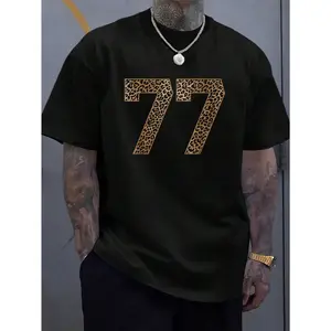 100% Cotton Leopard Number 77 Athlete Sports Jersey Supporter Fanwear T-Shirt, Printed Graphic Tee For Men,  Summer Casual Short Sleeved Men's Tops T-Shirt