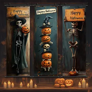 3 Counts Halloween Hanging Banner, Skeleton, Pumpkins And Skulls Halloween Mural And Decorative Posters, Fun Party Decorations, Horror Themes, Living Room, Bedroom, Home Posters, High Definition, Waterproof, Ideal Gifts