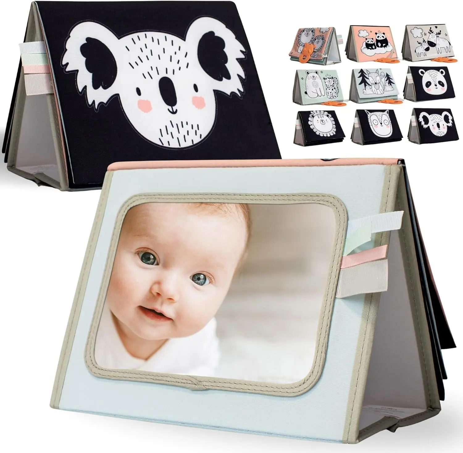 Soft Tummy Time Book w/ Large Stimulating Baby Safe Mirror - Fun High Contrast Montessori Toy w/ Mirror, Crinkle Filling & Silicone Teether .