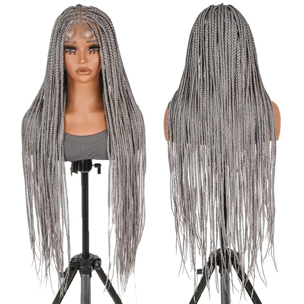 SuperNova #Grey 36" Knotless Box Braided Wig - Full Handmade, Premium Synthetic Fiber, Square Parting, Natural Look, Lightweight & Long-Lasting #SummerVibes