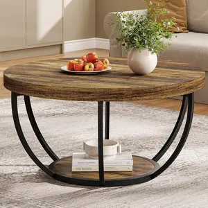 Spaco Round Coffee Table, 31.7" Wooden 2-Tier Circle Coffee Table with Storage Shelves, Modern Accent Cocktail Table Center Table for Living Room