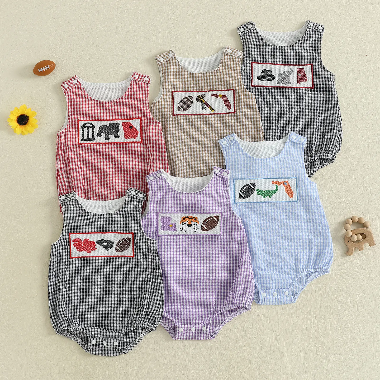 Baby Girl Boy Football Outfit College Football Bubble Romper Sleeveless Plaid Overalls Bodysuit Game Day Clothes 0-18 Months