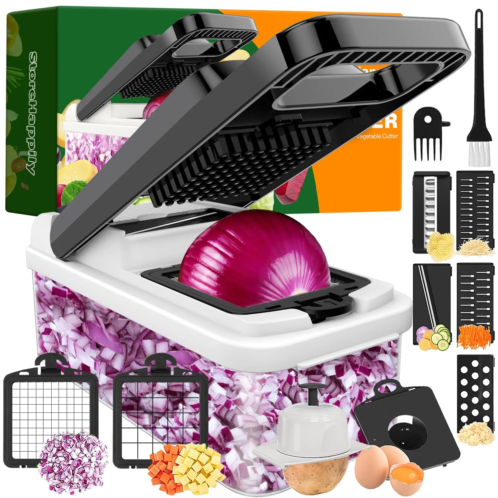 12-in-1 Vegetable Chopper, 7 Blades Veggie Chopper with Container and Lid, Dicer, Slicer, Multifunctional Kitchen Gadgets, Vegetable Cutter with Handle, Onion Cutter