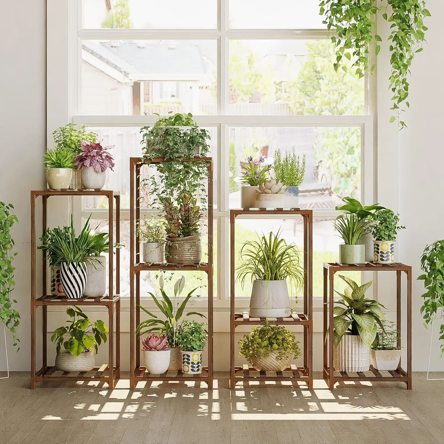 Bamworld 4-Piece Freestanding Wooden Flower Stand - Space-Saving DIY Assembly Decorative Gardening-Themed Plant Rack, Indoor Outdoor Stands for Office, Backyard Furniture & Garden Accessories