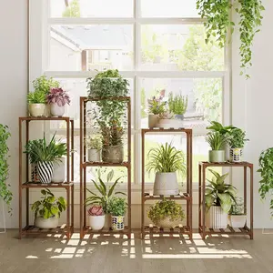 Bamworld Plant Stands Indoor 4 Sets Plant Shelves Outdoor Wooden Plant Holder for Multiple Plants Flower Stands Window