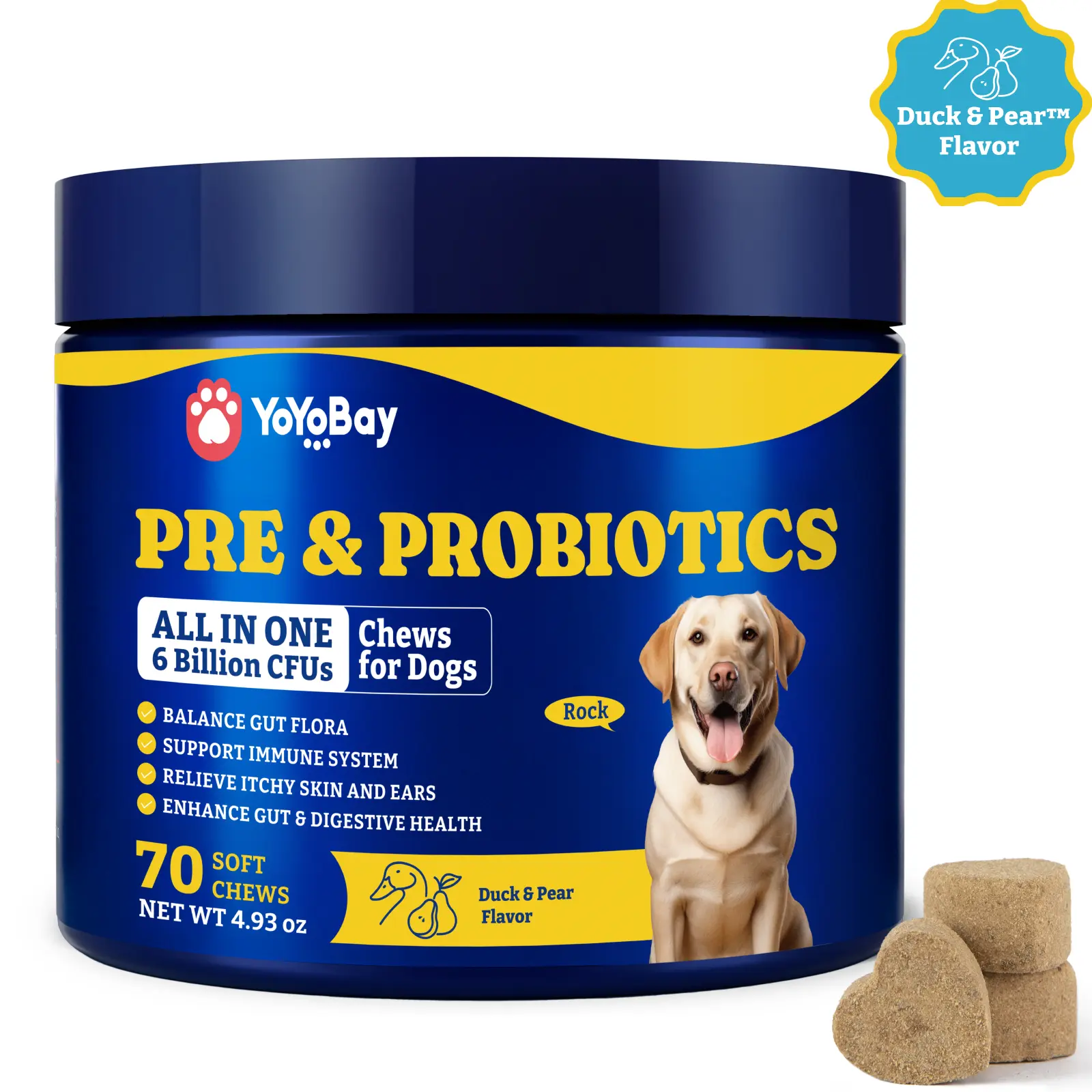 YoYoBay Dog Probiotics for Dog Yeast Balance, Itchy Skin, Gut, Support Immune & Skin Health, Itch Relief - 6 Billion CFUs, 70 Soft Chews, Duck & Pear Flavor - with Prebiotics & Digestive Enzymes for Pet