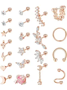 21PCS Cartilage Earring Set for Women 20G 16G Stainless Steel Cartilage CZ Butterfly Flower Snake Star Moon Stud Hinged Hoop Earrings Spiral Curved Horseshoe Cartilage Helix Tragus Conch Ear Piercing Jewelry