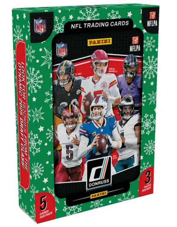 Panini 2025 Donruss Football Winter Holiday Tin Box with 3 Exclusive Press Proof Purple Cards and Ultra Rare Downtown Inserts