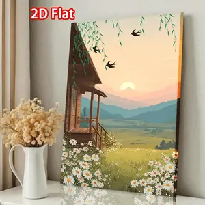 2D Flat, 2D Flat, Framed Canvas Prints And Posters for Easter And Christmas, Featuring of a Wooden Cottage with Daisies, Perfect for Valentine'S Day And Home Decor in Living Rooms And Bedrooms	