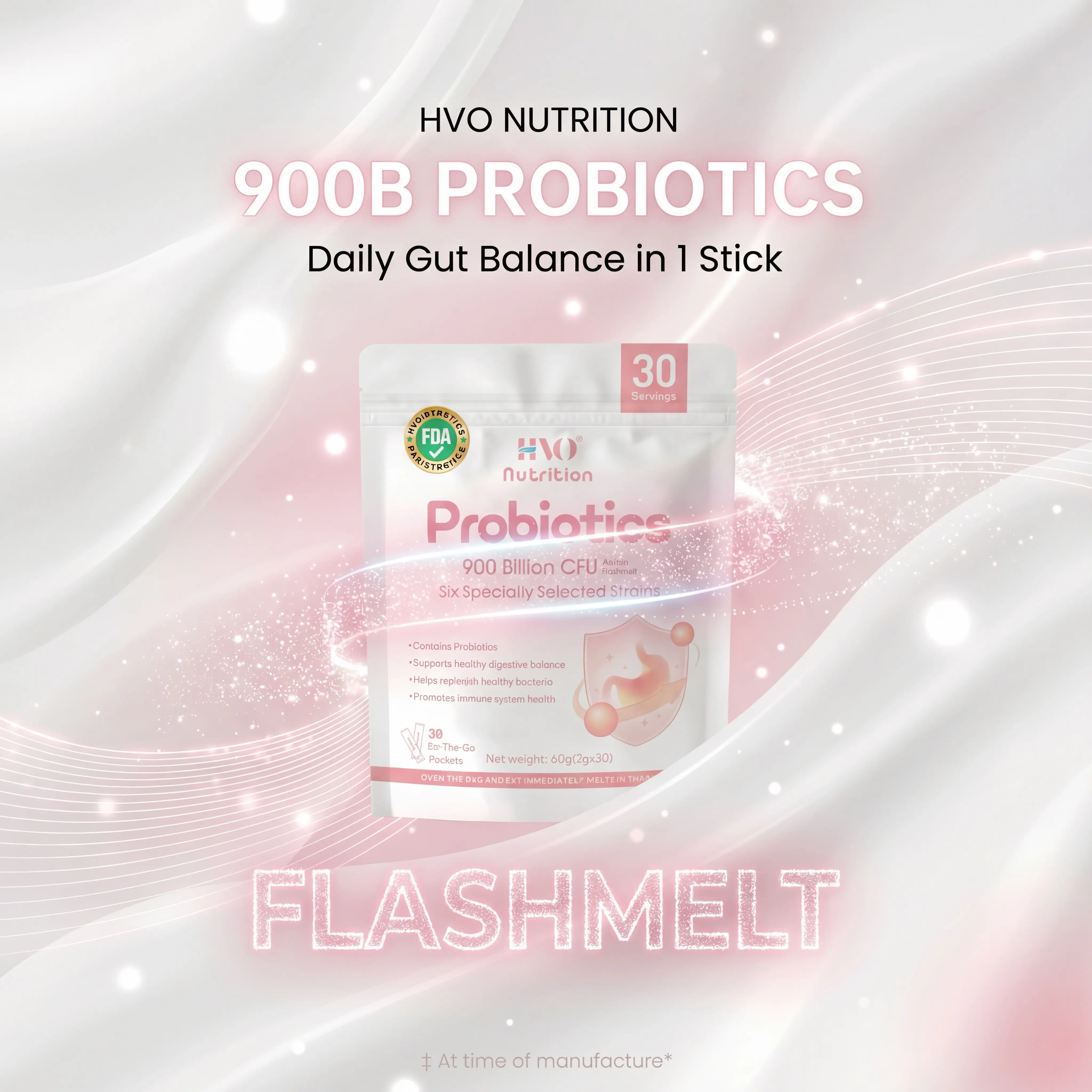 HVO 900 Billion CFU Probiotics for Women and Men, 30B CFU Per Stick Digestive Support Powder with Prebiotic Fiber, 6 Selected Strains, No Water Needed Daily Gut Health Supplement, 30 Count