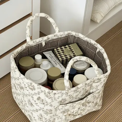 Vintage French Vine (Coffee Floral) Quilted Synthetic Clothes Basket, Decorative Floral Pattern Organiser, Collapsible Handle, Space-Saving French Vine Storage Basket, Reusable Home Supply, Car & Picnic Use, Ideal Mother's Day Gift