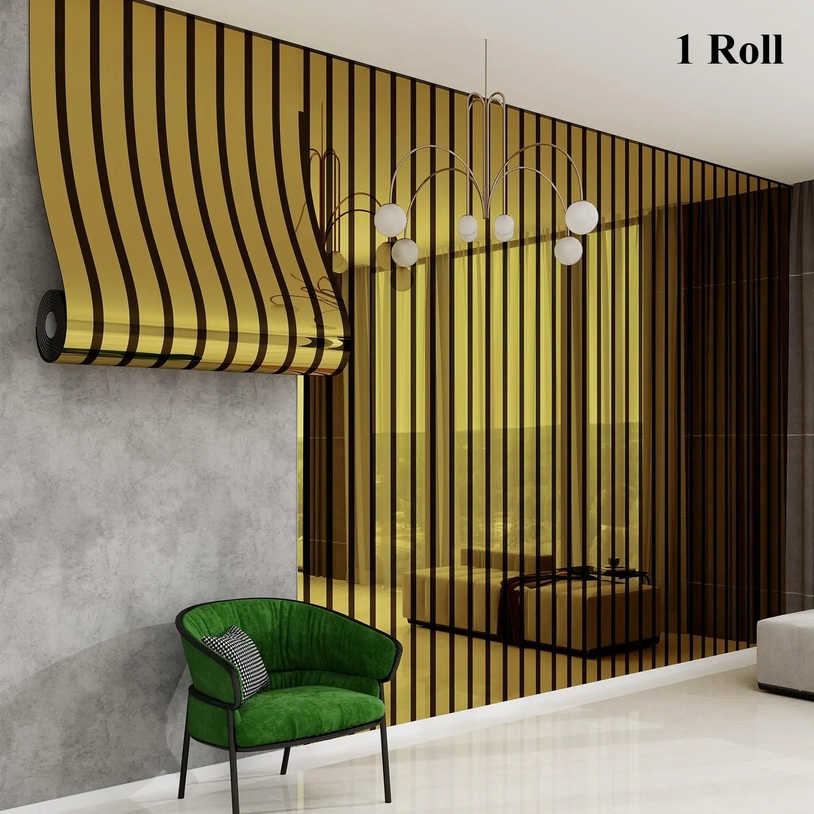 Luxury gold-foil grid striped self-adhesive wallpaper with a glossy metallic finish. Easy peel-and-stick, removable, and waterproof. Ideal for living room accent walls, kitchen surfaces, cabinets, furniture renovation, and bedroom décor