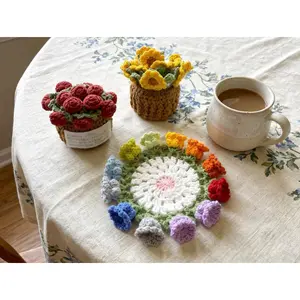Handmade Crochet Flower Coaster Set with Cart Basket Holder, Sunflower Lily Rose Floral Cup Mug Coasters, Housewarming Gift