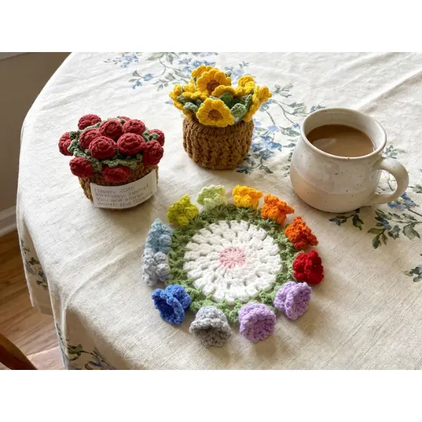 Handmade Crochet Flower Coaster Set with Cart Basket Holder, Sunflower Lily Rose Floral Cup Mug Coasters, Housewarming Gift