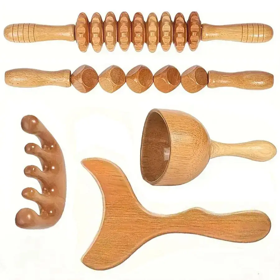 Wooden Manual Massage Tool Set, 5 Counts/set Face & Head & Body Massager, Facial Roller, Manual Massage Tool for Home Use, Relaxation Aid, Gift for Friend & Family, Gift, Body Care Tool
